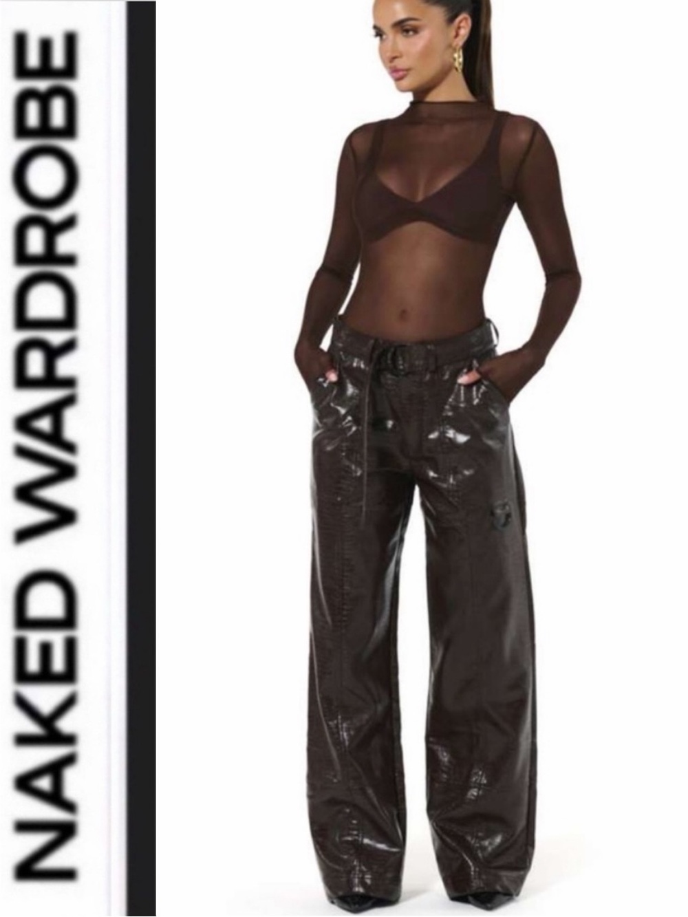 Naked Wardrobe 🤎Croc embossed Dark Brown Vegan Leather Wide-Leg Pants